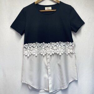 Q' Tie House Scalloped Lace Short Sleeve Tunic Top Women S-M Ivory / Black